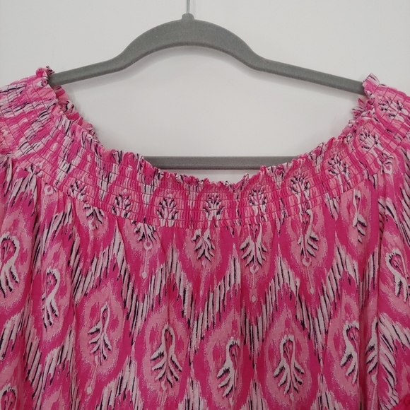 Crown & Ivy Modal Pink Ikat Off The Shoulder Fringe Hem Top 2X Vacation - Picture 10 of 12